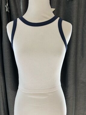 White Ribbed Tank with Navy Trim - Women Tops